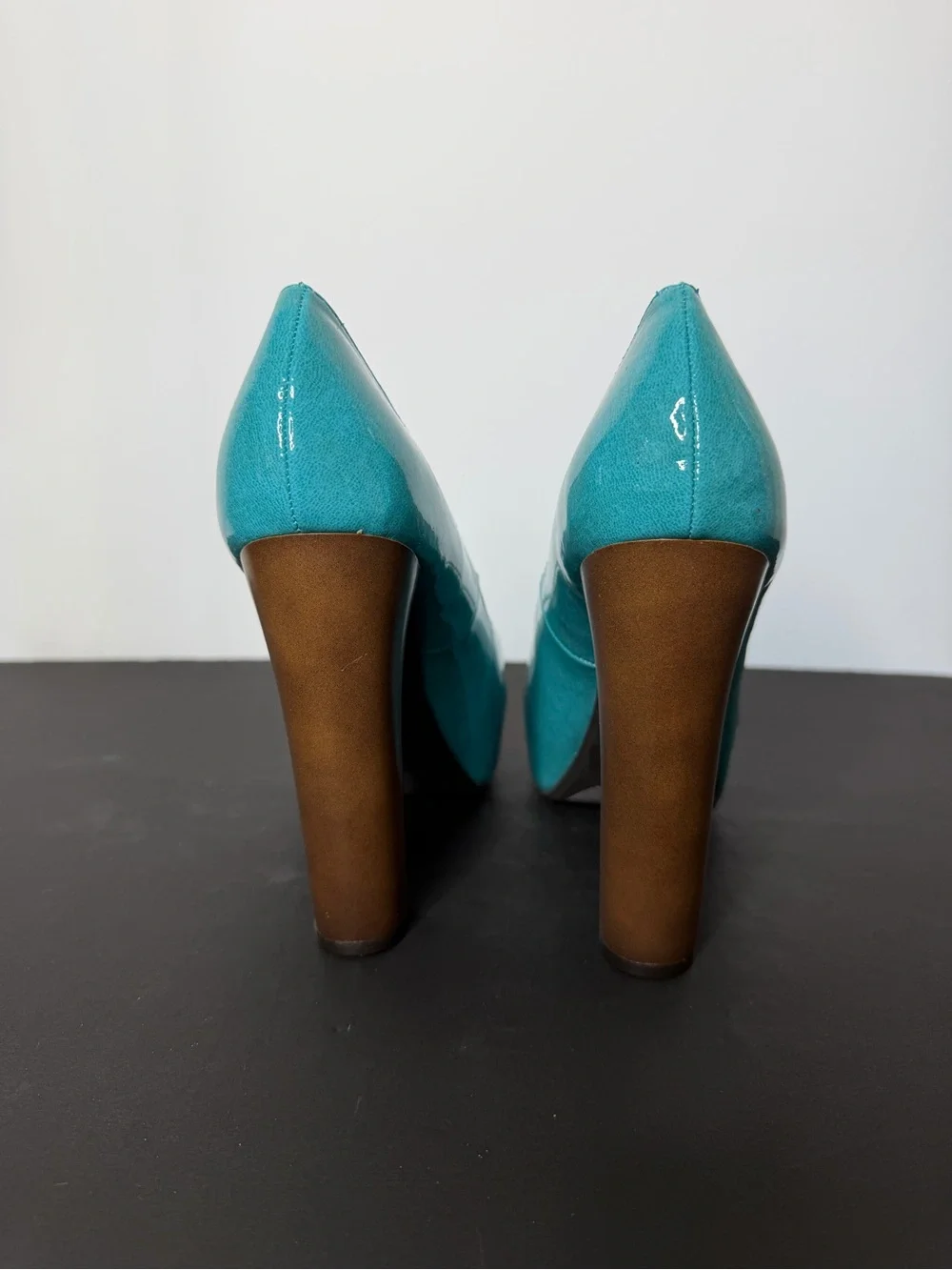 Qupid Teal Peep-Toe Platform High Heels with Brown Block Heel
